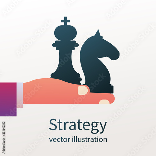 Business strategy. Strategist hold in hand chess figure black king and horse as symbol of dangerous business game. Planning and management. Vector illustration flat design. Isolated on background. 