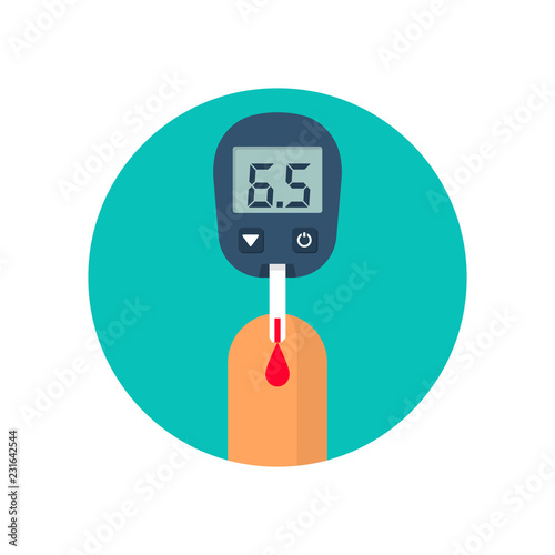 Blood test with finger. Glucometer icon isolated. Testing glucose. Blood sugar readings. Medical measurement apparat. Healthcare monitoring. Diagnostic equipment. Vector illustration flat design.