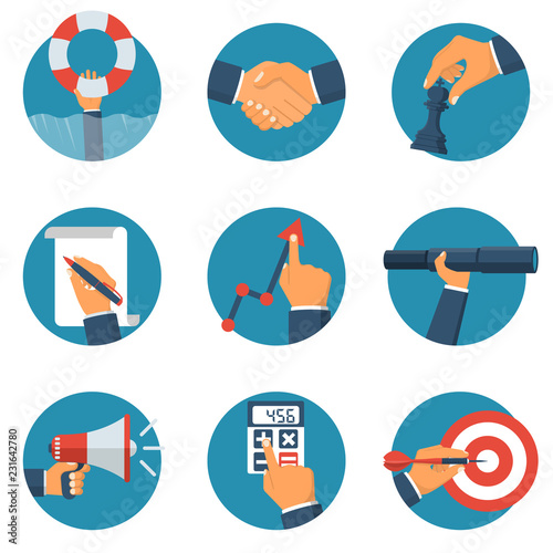 Business collection flat icon. Helping concept, handshake men, strategy development, signature document, increasing graphics, vision management, costing, goal achievement. Vector illustration cartoon