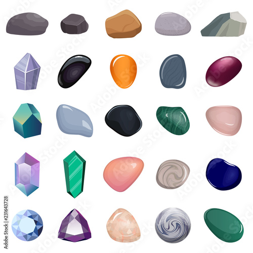 Set of different stones and crystals. Various types of minerals, crystals, gems, diamonds, isolated. Vector illustration.