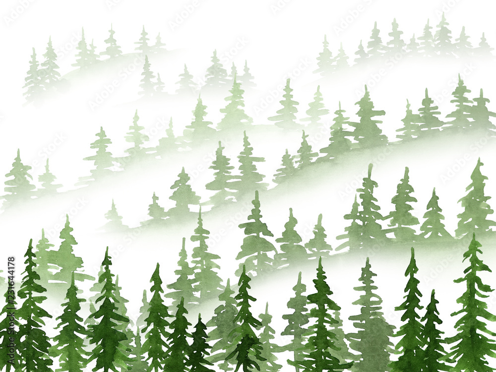 Watercolor misty pine trees landscape. Christmas and New Year illustration in green
