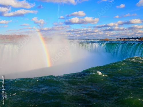 Niagara falls with a rainbow on a day with blue sky  Canada ..