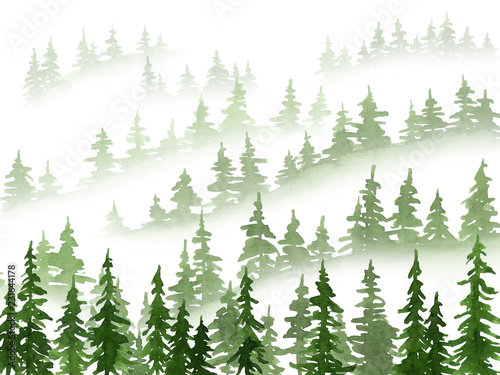 Watercolor misty pine trees landscape. Christmas and New Year illustration in green