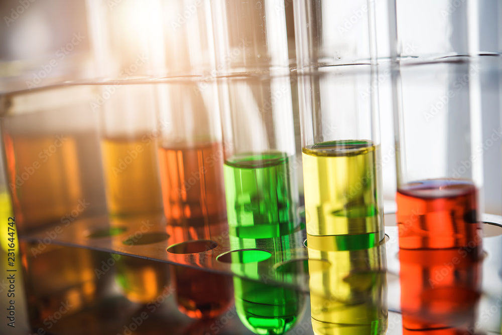 Test tube containing chemical liquid in laboratory, lab chemistry or science research and development concept. 