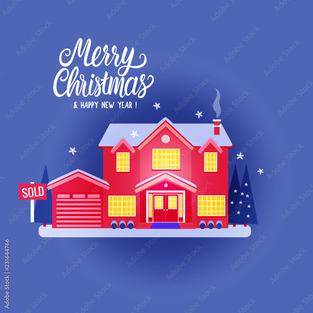 House two story cottage red color for sale. Sold sign. Flat Vector illustration on blue background. Winter magical night exterior. Merry Christmas and Happy New Year Card. Dream Home.