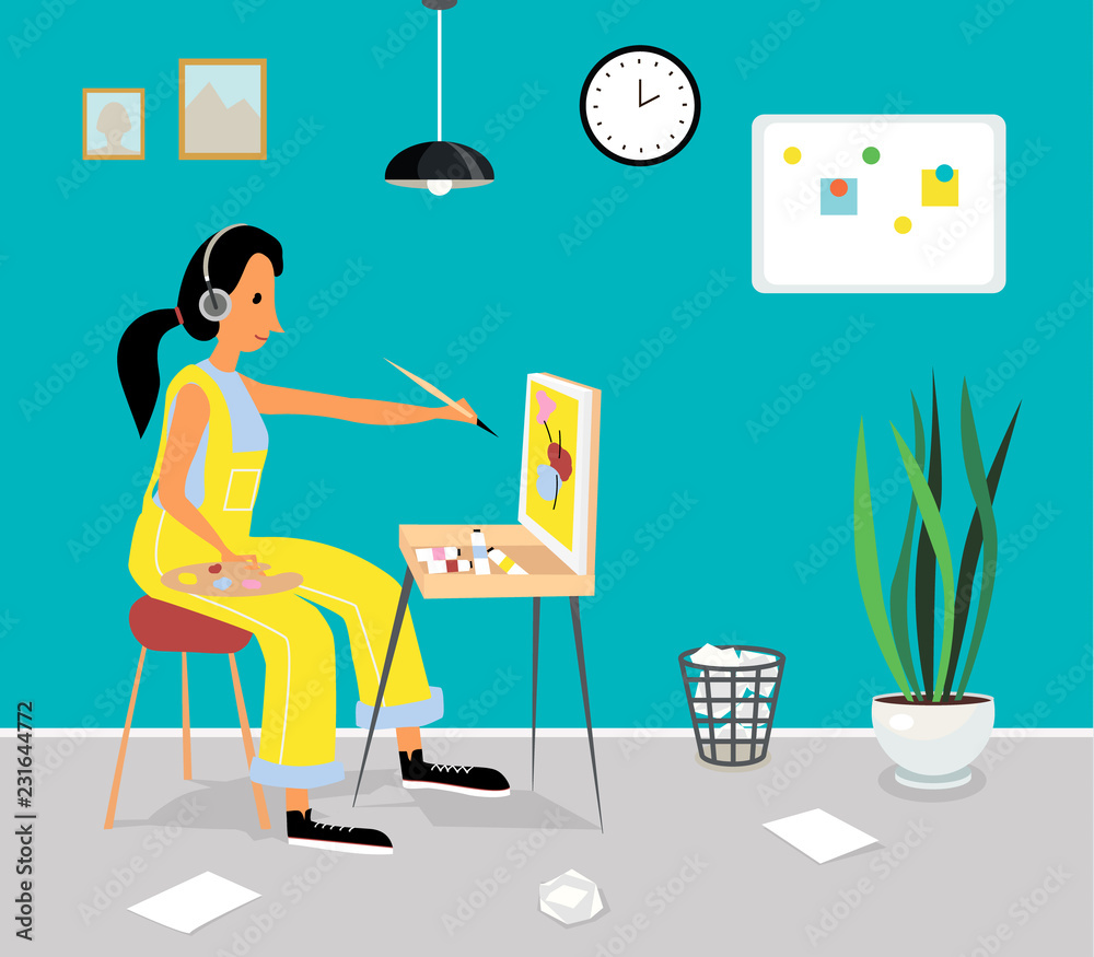 Vector flat  illustration of woman in yellow  jumpsuit  who paints a picture sitting at a painter's case. Easel and painter in creative space. Room of artist.Woman paints picture in her room