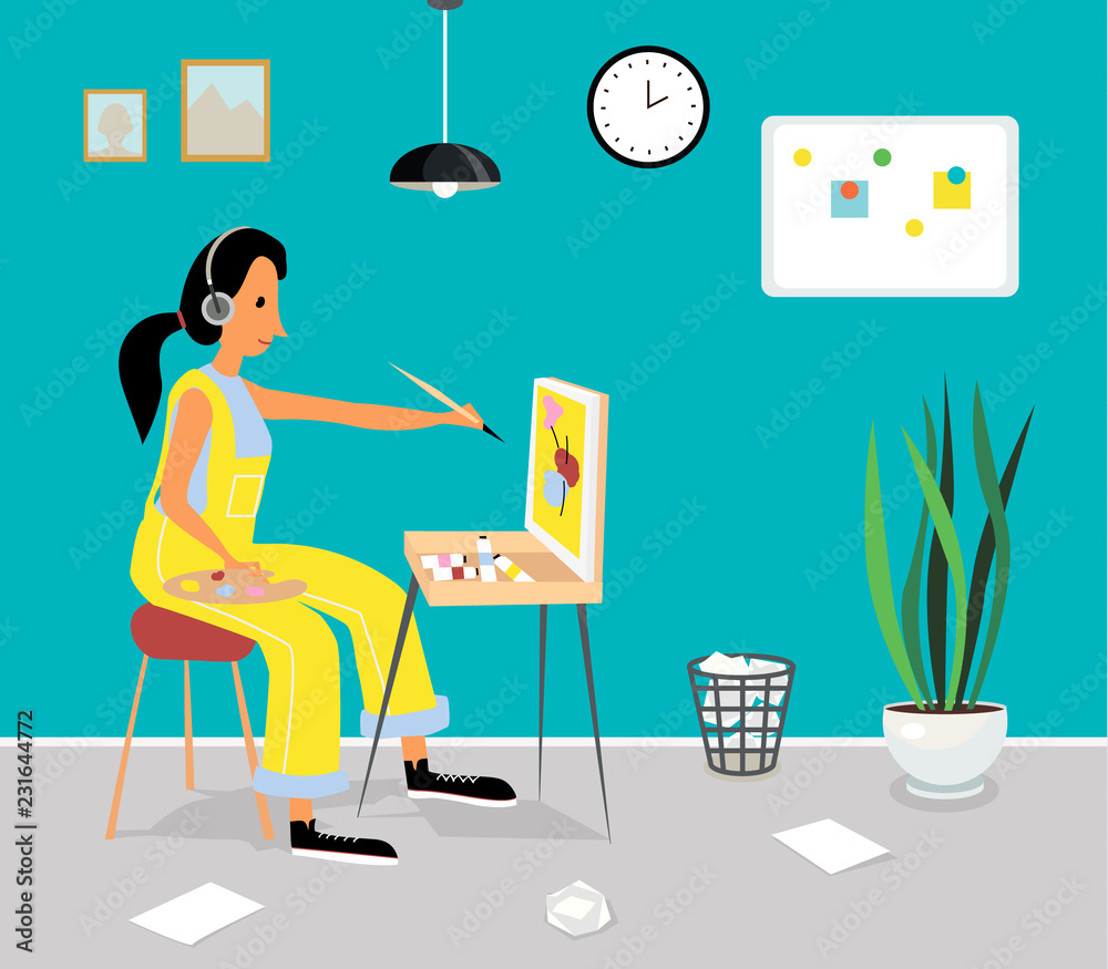 Vector flat illustration of woman in yellow jumpsuit who paints a picture sitting at a painter's case. Easel and painter in creative space. Room of artist.Woman paints picture in her room Vector flat illustration of woman in yellow jumpsuit who paints a picture sitting at a painter's case. Easel and painter in creative space. Room of artist.Woman paints picture in her room