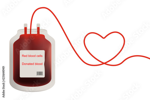 Blood transfusion bag with heart shaped tube, vector poster design, isolated on white