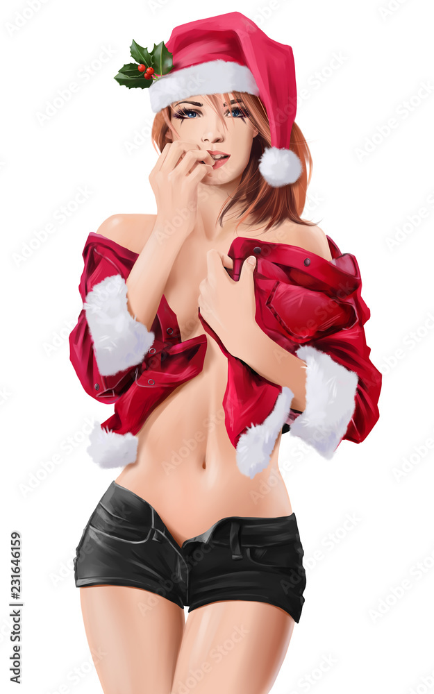 Redhead girl in santa claus costume. Watercolor painting Redhead girl in santa claus costume. Watercolor painting