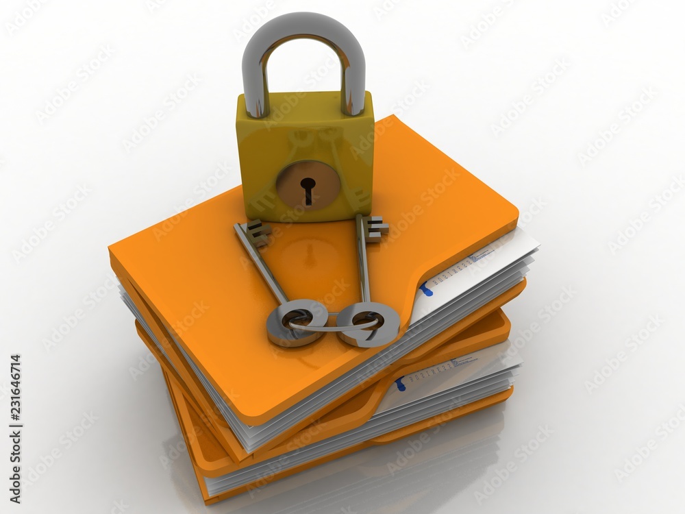Yellow folder and lock. Data security concept. 3D rendering Yellow folder and lock. Data security concept. 3D rendering
