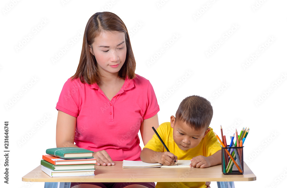 young Teacher helping child with writing lesson isolated on white background young Teacher helping child with writing lesson isolated on white background