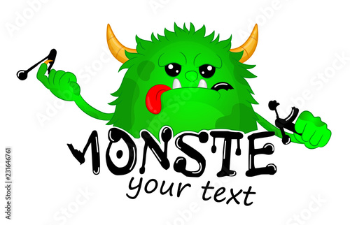 Beast took a bite of a Letter. Cute Kids Monster Vector Logo Template. Hungry cartoon hairy monster. Vector Halloween green furry monster gremlin or troll. Design for emblem, logo, print or sticker.