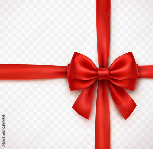 Bow isolated on transparent background. Vector Christmas red satin ribbon with shadow, xmas wrap element template.