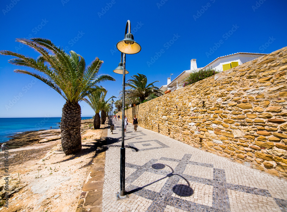 Portuguese road on the beach with palm trees