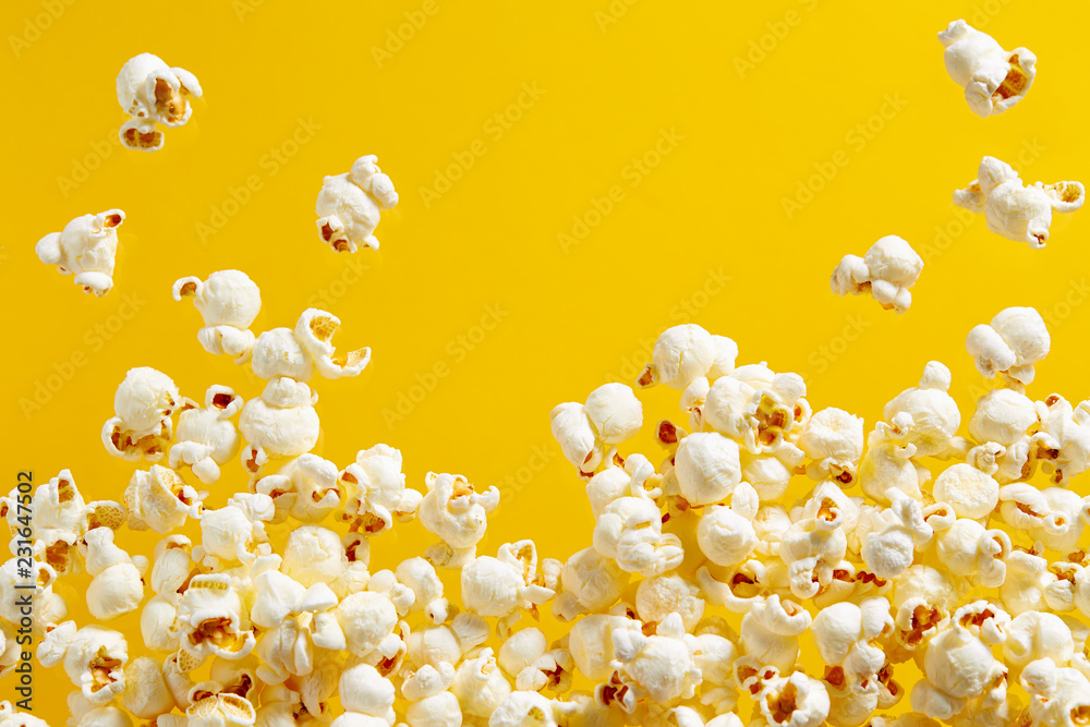 Popcorn On Yellow Background - obrazy, fototapety, plakaty 