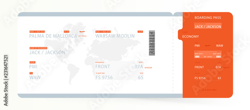 Airline Boarding Pass with World Map. Template ticket for traveling on plane for flight. Flat Vector illustration EPS10
