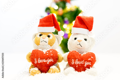 Zwei Teddybären mit Zipfelmütze sitzen auf Schnee und im Hintergrund ist ein Weihnachtsbaum. © Ron