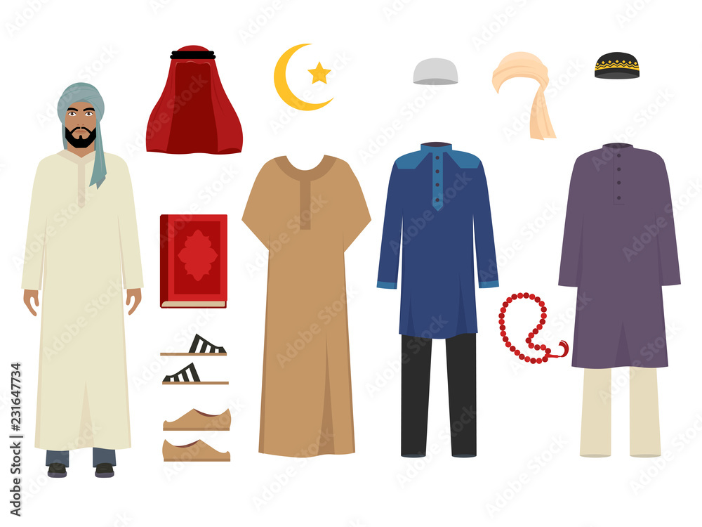 Arabic man clothes. National islamic fashion of male costumes wardrobe  items muslim iranian and turkish sultan vector illustrations. Traditional  clothing saudi and muslim for man character Stock Vector | Adobe Stock