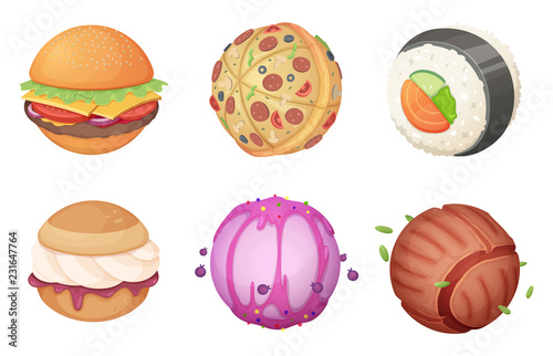 Planets from food. Space set from candy sweets burgher kitchen fantasia fantastic unusual cartoon world with ufo vector pictures. Collection of food planet, burger world and roll sushi illustration