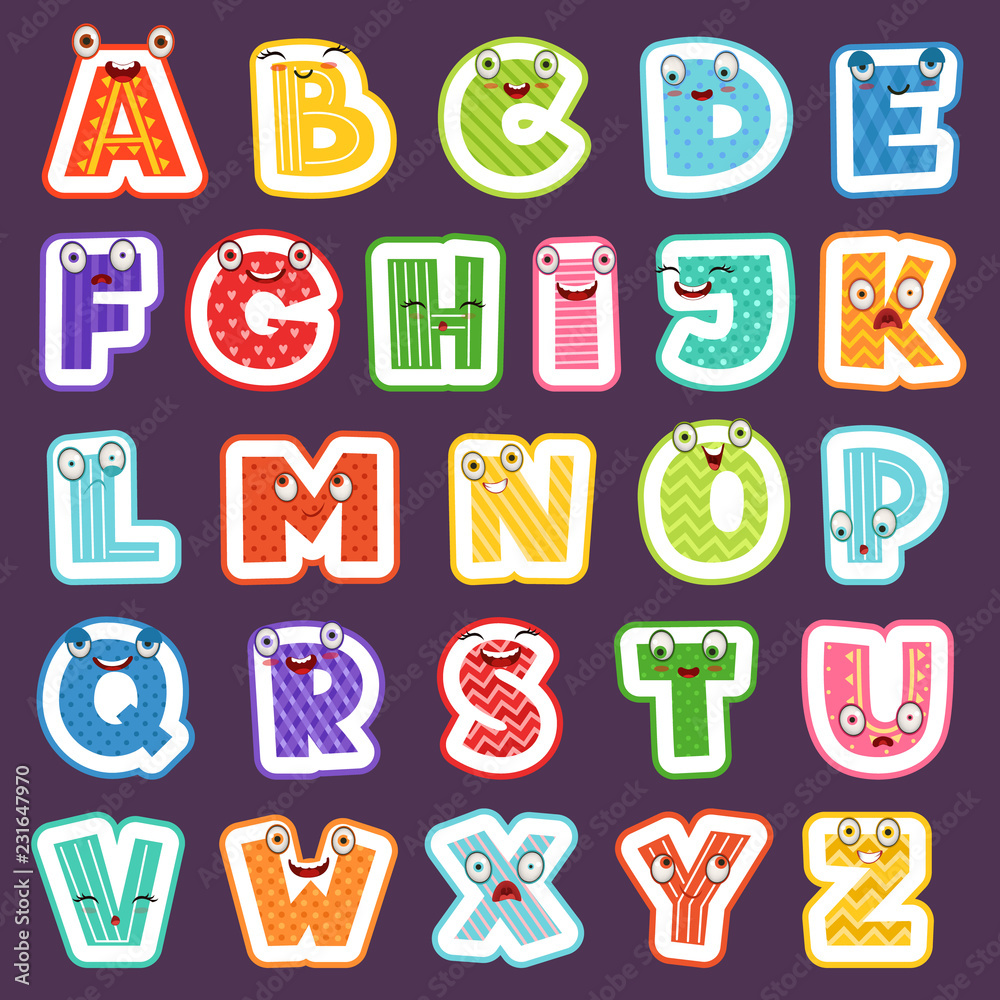 Cartoon alphabet with emotions. Colored cute font characters letters  symbols signs and numbers vector alphabet for children. Alphabet cartoon  funny, character happy abc illustration Stock Vector | Adobe Stock