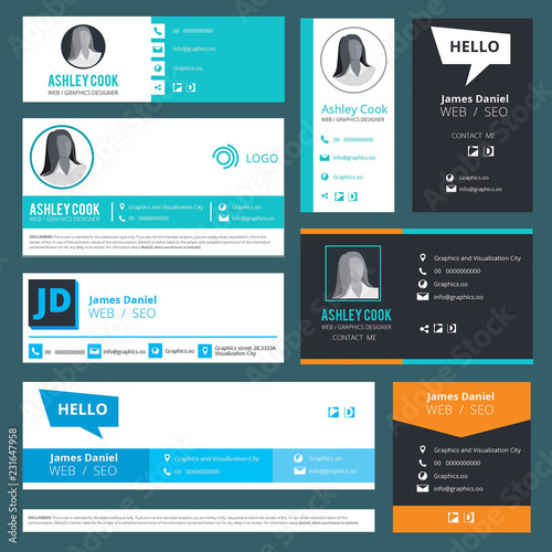 Email signature. Emailers author visit cards user interface design template vector. Illustration of business address, telephone, profile person ui