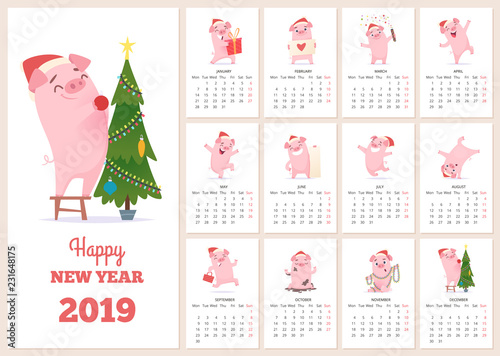 2019 calendar template. New year celebration pig character at design calendar planner pages vector layout diary months. Illustration of calendar to new year with pink pig