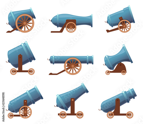 Retro cannon. Vintage military old iron weapons medieval circus artillery vector in cartoon style. Cannon weapon for war medieval, old gun army illustration