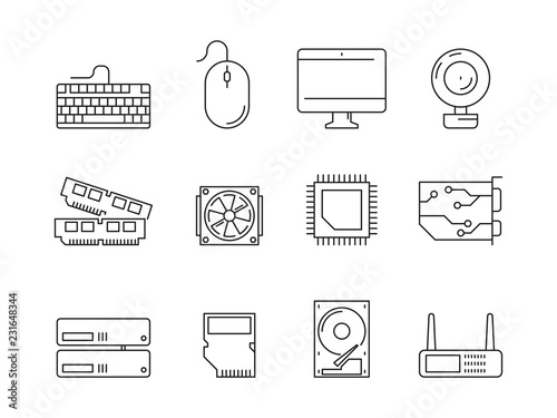 Pc components icons. Processor ssd cpu power adapter ram memory and hdd linear vector symbols isolated. Illustration of ssd and hardware, cpu processor