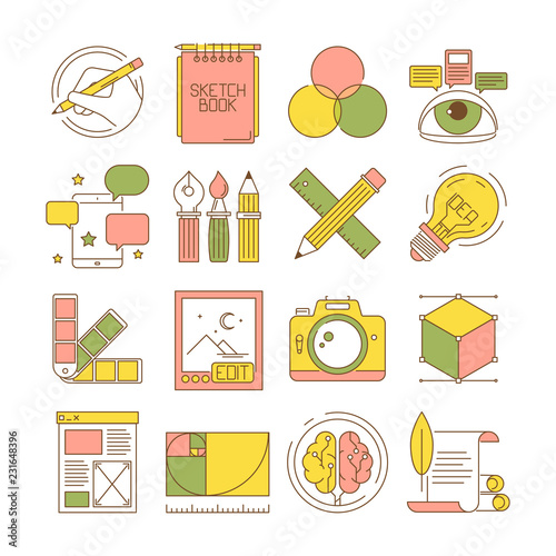 Design process icons. Packing art creative web products and services blogging retouch stationary vector flat pictures. Tools stationary, modeling and editor, pen and ruler illustration