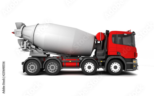 Right side view of concrete mixer truck isolated on white background. 3d illustration.