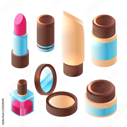 Perfume isometric. Dimension false nails brush eyeshadows makeup colorful mask cream lips palette color vector beauty collection. Beauty makeup isometric, lipstick and cosmetic for face illustration