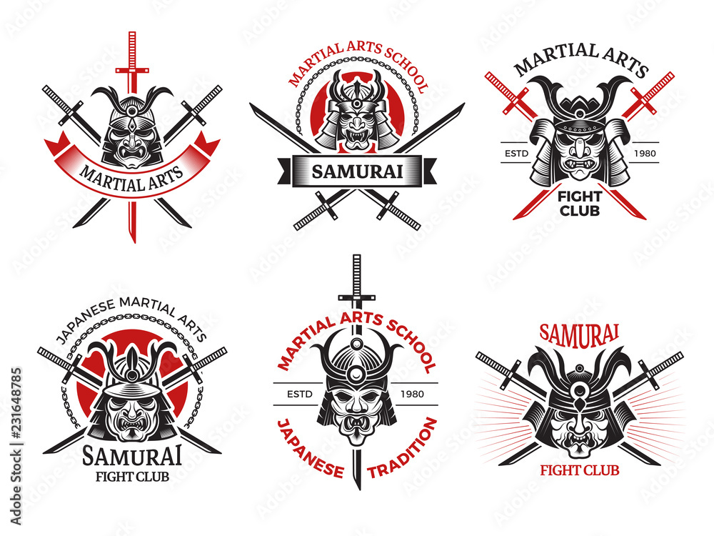 Samurai mask labels. Japan angry faces for warrior armor vector labels  tattoo logo design projects. Illustration of martial art school, samurai  asian traditional Stock Vector | Adobe Stock