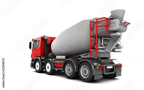 Rear view of concrete mixer truck isolated on white background. Left side. Perspective. 3d illustration.