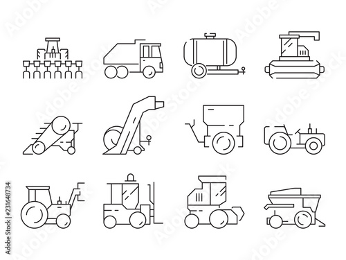 Farm vehicles. Tractor harvester buldozer village heavy machinery construction agriculture vector icons. Illustration of bulldozer and harvesting lorry, haymaking machine