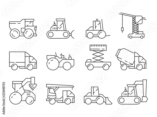 Construction machine. Bulldozer heavy truck crane harvester vehicle for building vector linear icons set. Illustration of construction truck, machine excavator, bulldozer machinery
