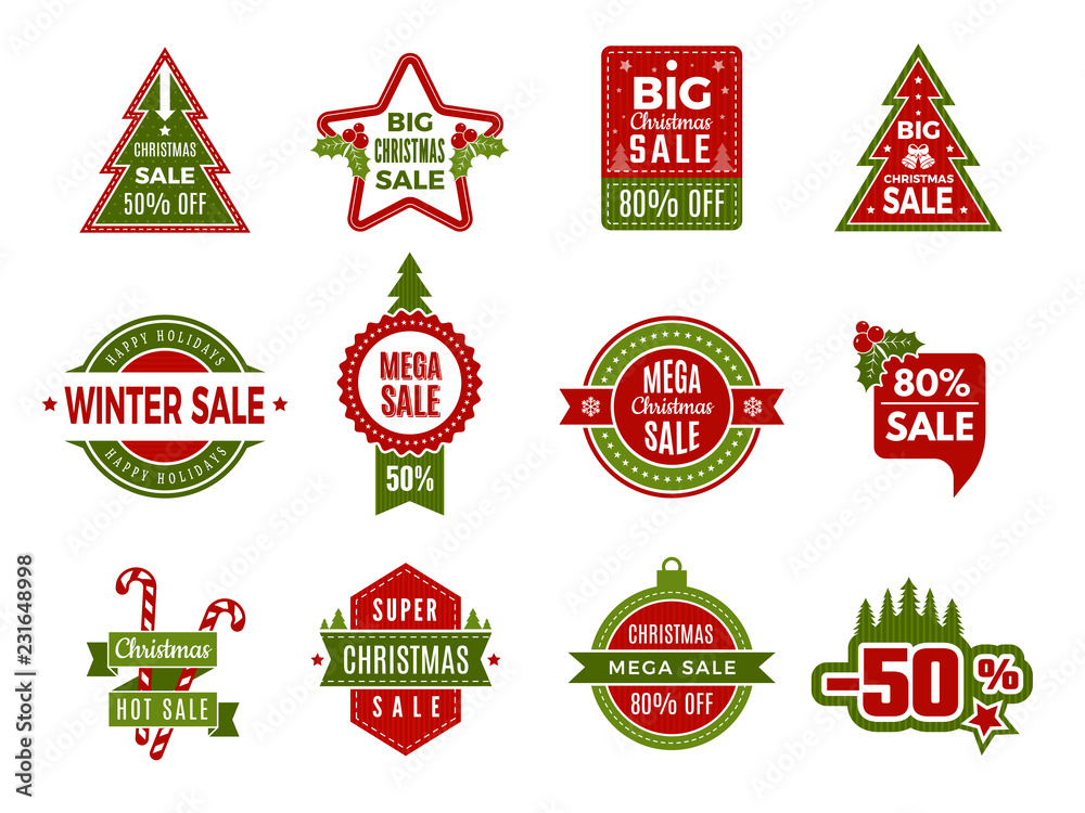 Winter holiday sales. Christmas badges or labels retail discount deals