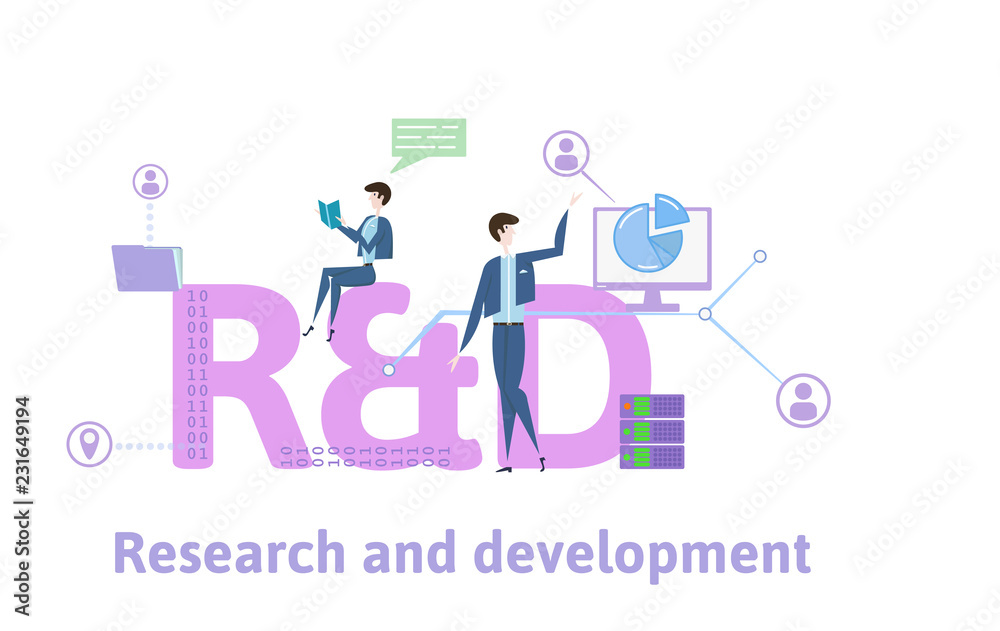 R and D, Research and Development. Concept with people, letters and icons. Colored flat vector illustration on white background.