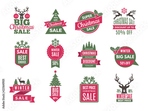 Christmas sale tags badges. Holidays best offers labels with big discounts vector template collection. Illustration of sale discount, winter clearance, new year and christmas