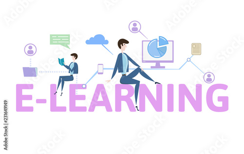 E-LEARNING. Concept table with people, letters and icons. Colored flat vector illustration on white background.
