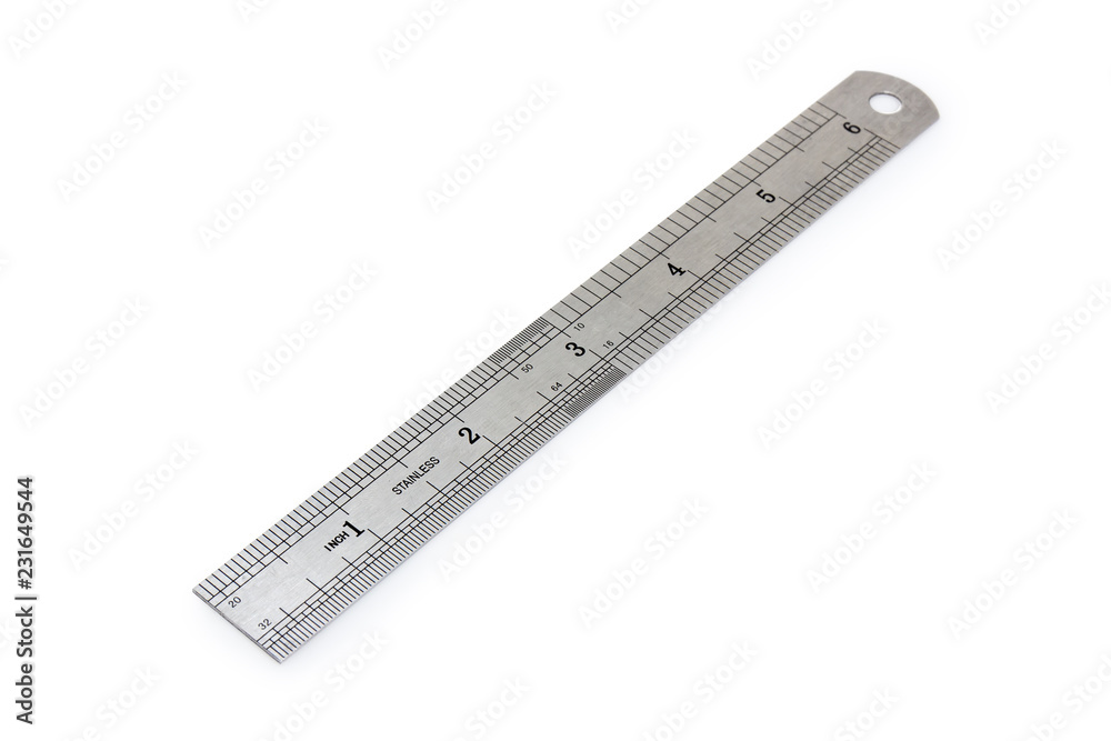 Metal measuring ruler in inches at selective focus