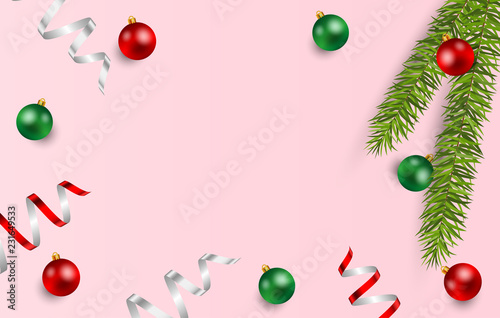 Christmas background with ball on pink background, Copy space. Vector illustration