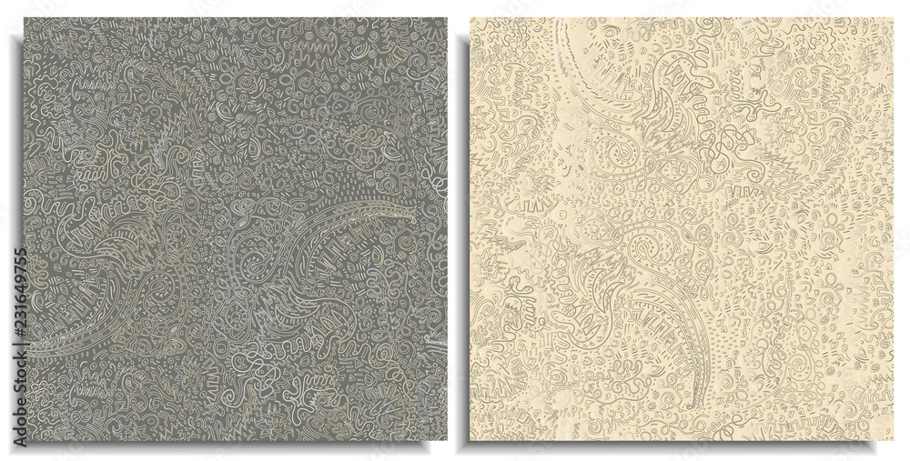 Fototapeta premium Vector set of seamless patterns with manual drawing of curved lines, various geometric patterns in the technique of doodles and zenart, continuous, solid colors on a soft, green and beige background.