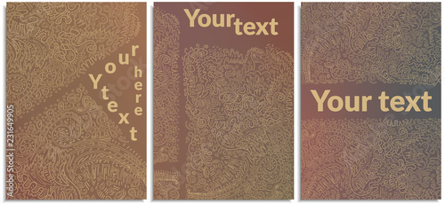 Vector set of posters, covers with manual pattern of curved lines, geometric various patterns in the technique of doodles and zenart, continuous, monophonic on a soft gloomy, purple, gray background