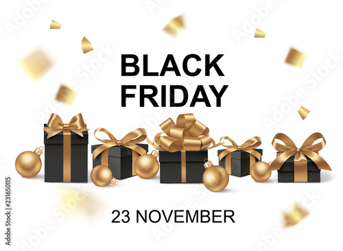 Black friday or Christmas sale design template. Holiday background with black gift box and decorative gold bow. Vector illustration