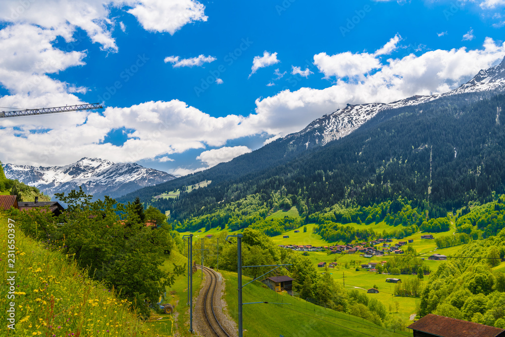 Railway in Alps mountains, Klosters-Serneus, Davos,  Graubuenden