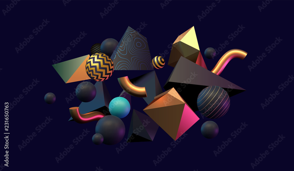 Naklejka 3D abstrakcyjne czarne, złote i turkusowe kolorowe kształty geometryczne. Zainspirowany Memphis. Eps10 wektor