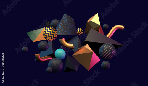 3D abstract black, gold and teal colored geometric shapes. Memphis inspired. Eps10 vector