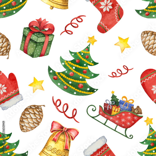Watercolor vector seamless pattern with Christmas tree and toys.