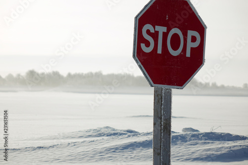 Prohibiting sign on the ice crossing. photo