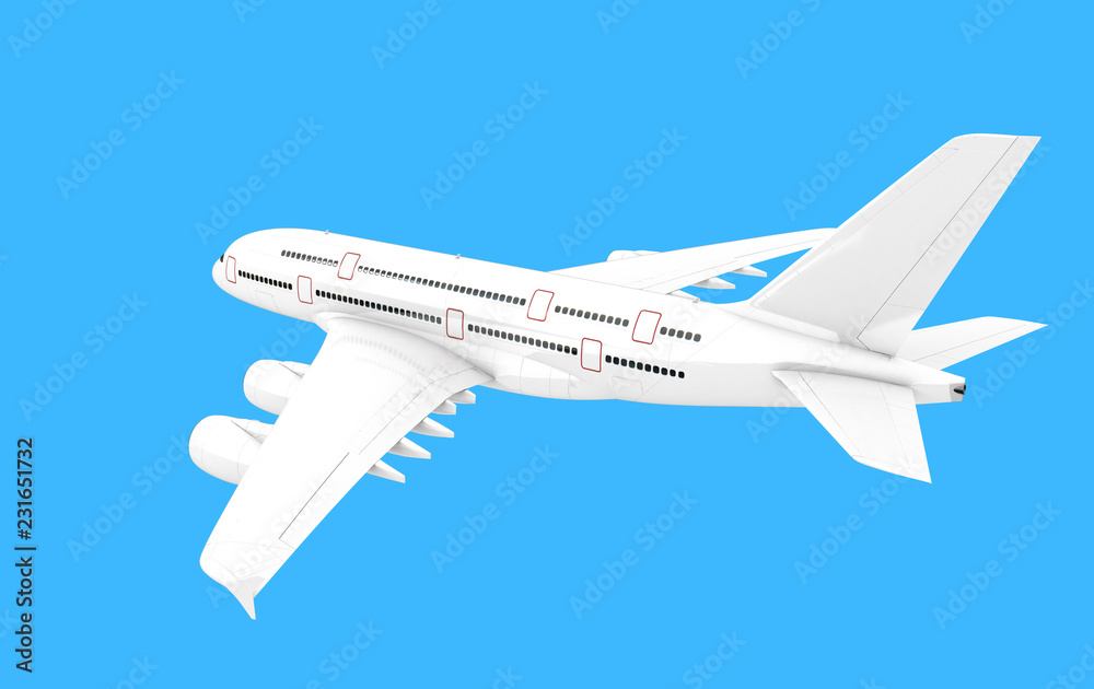 Airplane Airbus A380 isolated on blue background. Rear view from above. Left side view. Flying from right to left. 3D illustration.